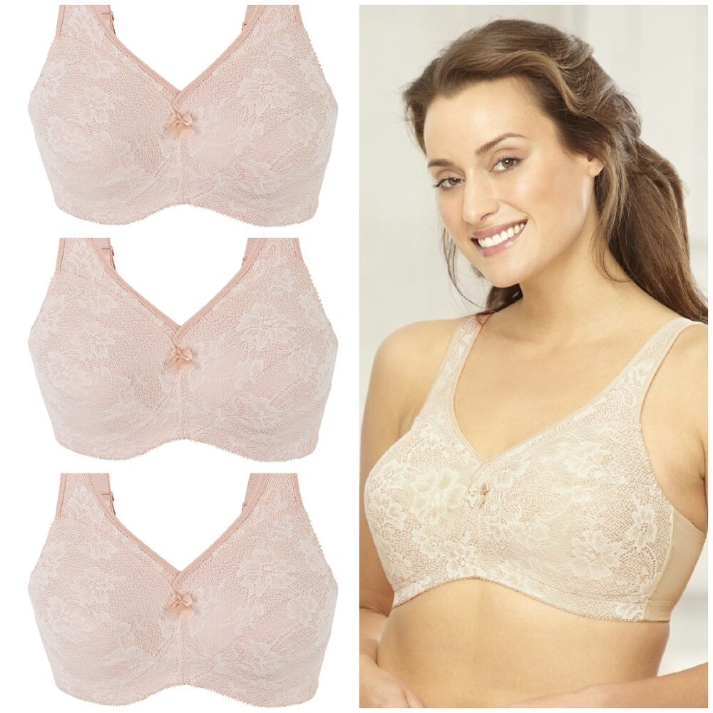 Set of 3! 36B Glamorise MAGIC LIFT Bra (COMFORT-STRAPS) Lace WIRELESS NUDE NEW